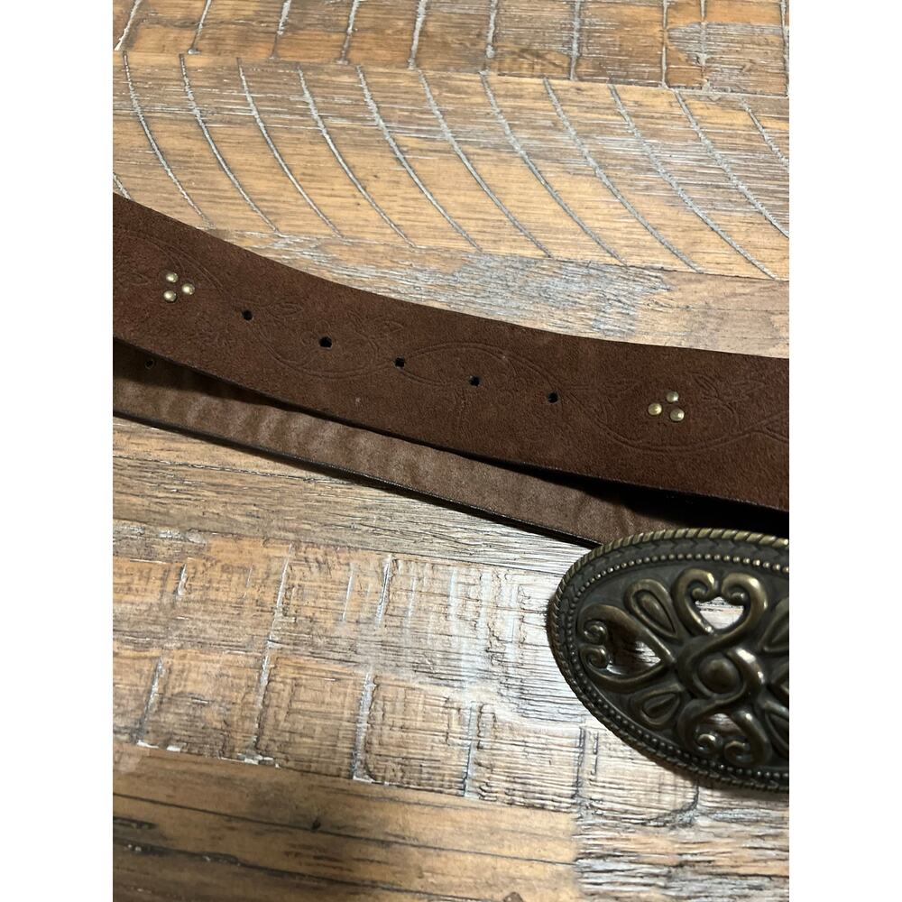 Brown Leather Belt with Unique Belt Buckle Size Large Studded Etched Strap Boho - Picture 5 of 7